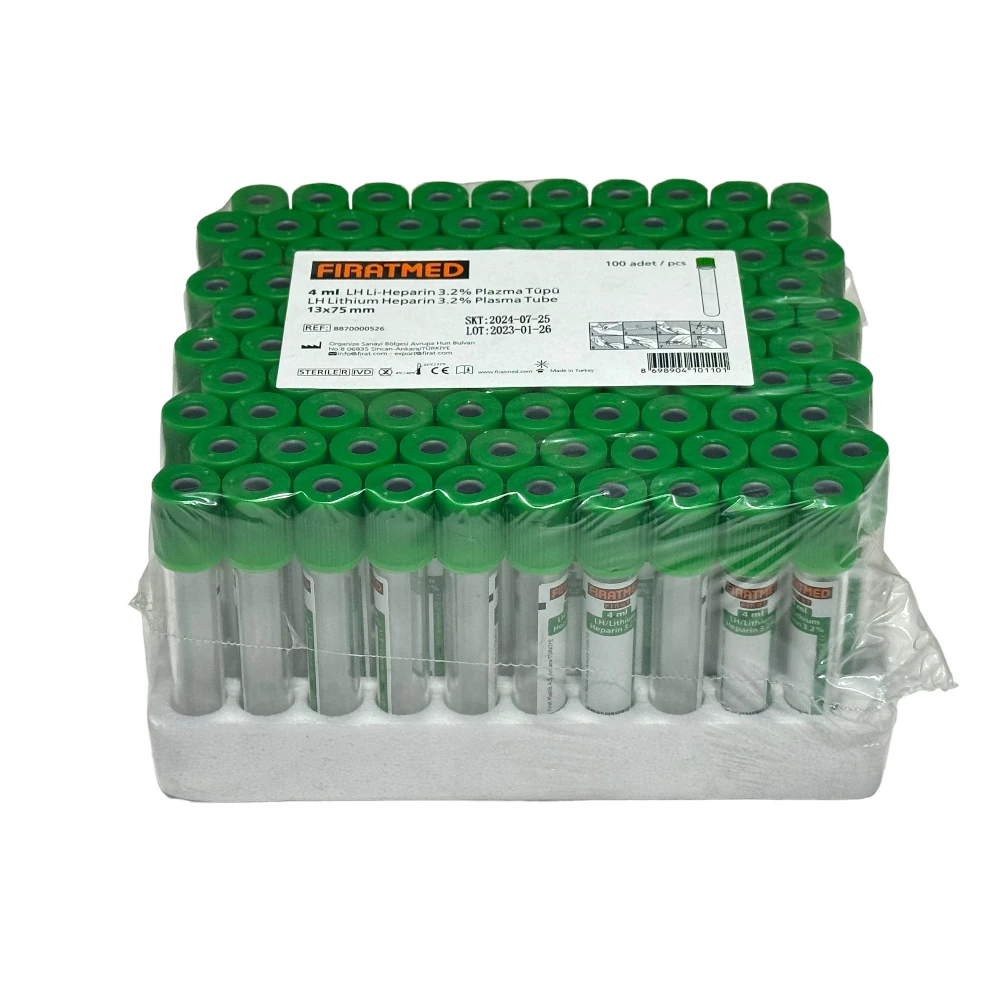 Xinle Vakumlu Kan Alma Tüpü Lityum Heparinli 4 ml (Yeşil Kapak) – 100'lü Paket